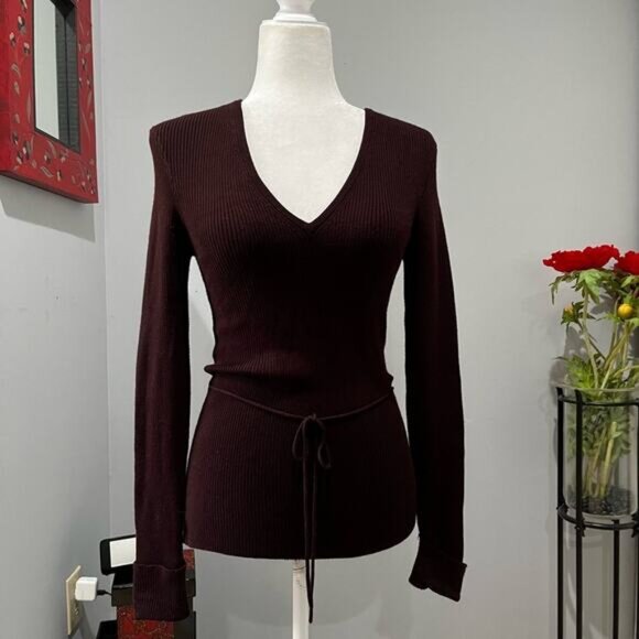 NEW BCBGMaxAzria Longline Ribbed Belted V Neck Fitted Layering Sweater S NWT - Picture 1 of 16